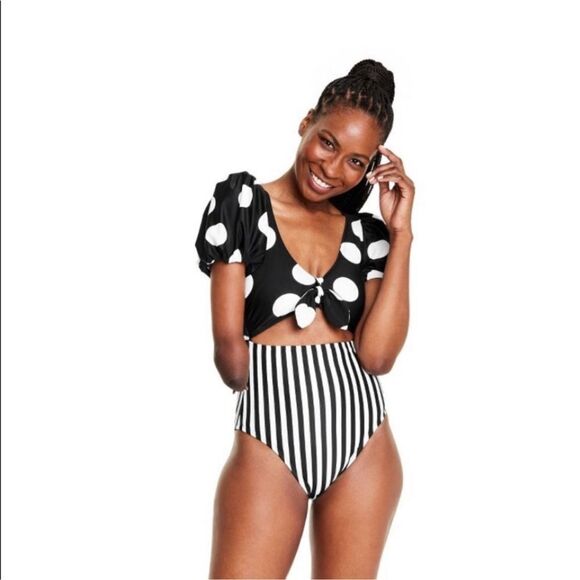 Tabitha Brown x Target Striped/Dot Puff Sleeve Tie-Front One Piece Swimsuit - Picture 6 of 8